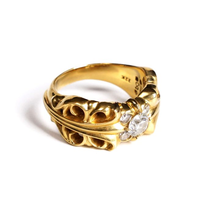 Chrome Hearts 22K Gold Double Floral Ring With 5 Diamonds